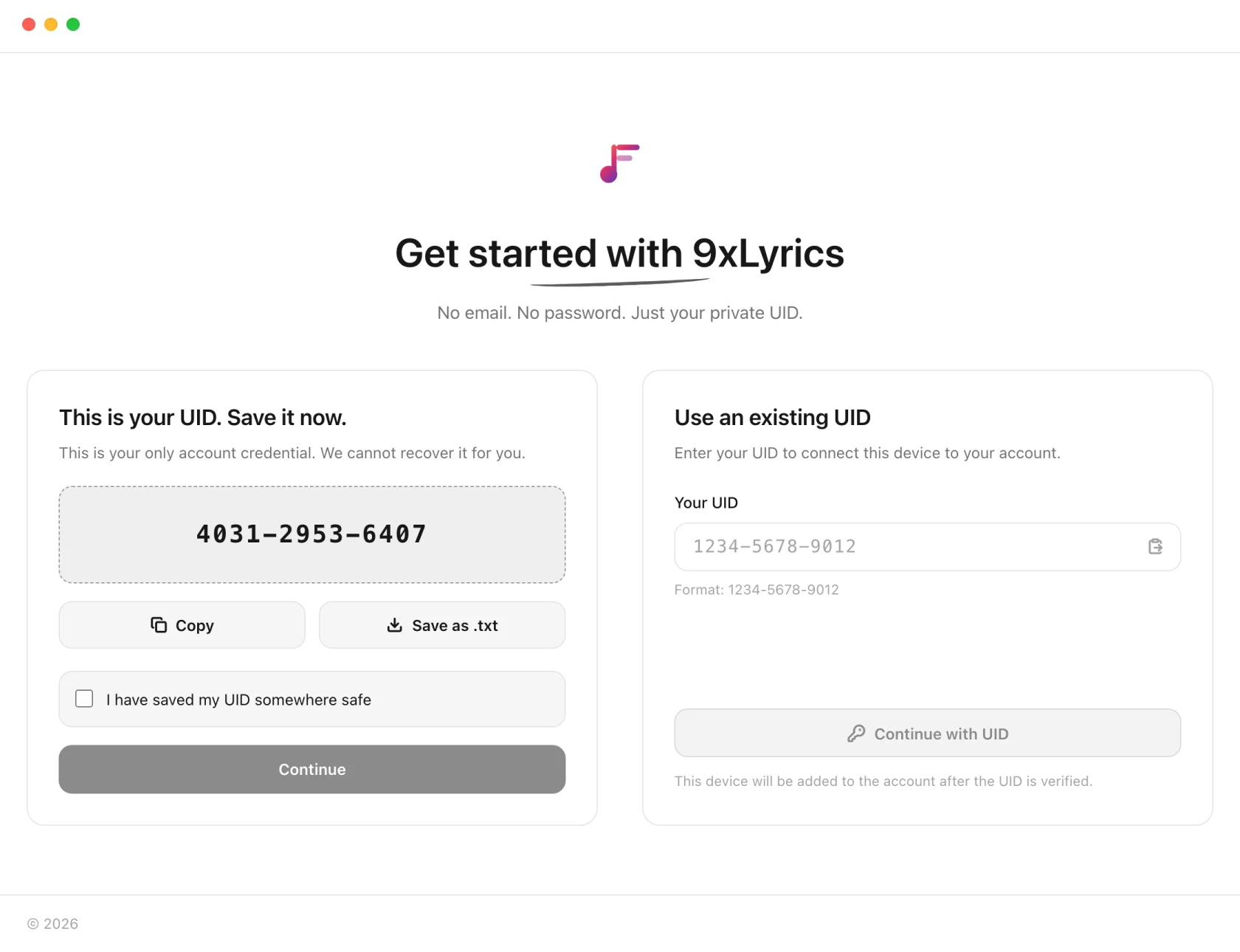 9xLyrics showing a newly created UID reading 4031-2953-6407 in large monospaced type, with Copy and Save as .txt buttons, a checkbox reading I have saved my UID somewhere safe, and a disabled Continue button