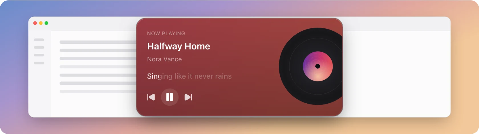 The 9xLyrics Widget in its Vinyl style: a dark red card reading NOW PLAYING with the title Halfway Home, the artist Nora Vance, the current lyric line and transport controls, beside a record with the album art on its label